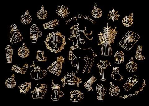 Vector golden Christmas decorations set in doodle style. Stock Illustration