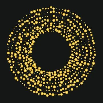 Vector golden circular frame with halftone dots pattern on black background Illustrazione stock
