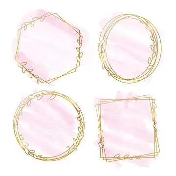Vector golden frame with leaves and pink watercolor spots Stock Illustration