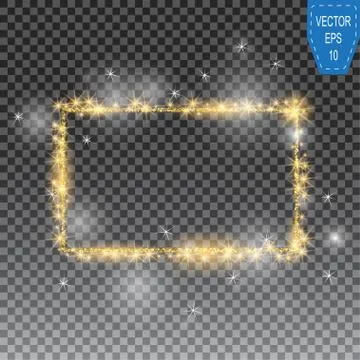 Vector golden frame with lights effects. Shining rectangle banner on checkered Stock Illustration