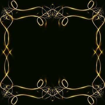 Vector golden frame with lights effects. Shining rectangle banner. on black b Stock Illustration