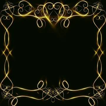 Vector golden frame with lights effects. Shining rectangle banner. on black b Illustration