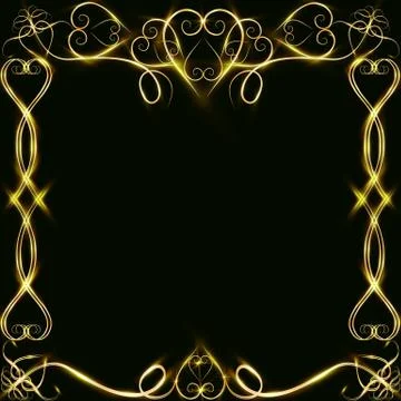 Vector golden frame with lights effects. Shining rectangle banner. on black b Stock Illustration