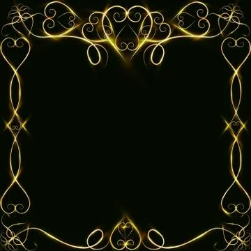 Vector golden frame with lights effects. Shining rectangle banner. on black b Stock-Illustration