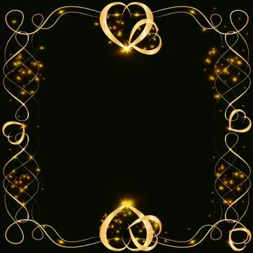 Vector golden frame with lights effects. Shining rectangle banner. on black b Stock Illustration