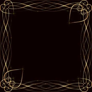 Vector golden frame with lights effects. Shining rectangle banner. on black b Stock Illustration
