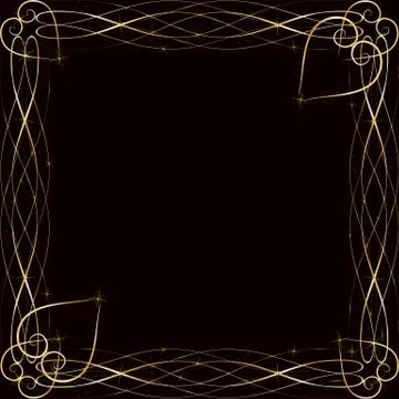 Vector golden frame with lights effects. Shining rectangle banner. on black b Stock Illustration
