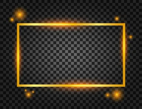 Vector golden frame with lights effects. Rectangle banner. Glowing magic fram 스톡 일러스트