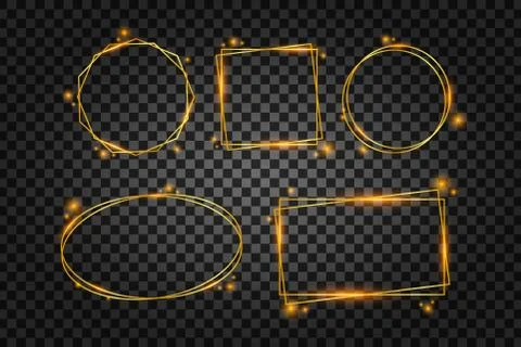 Vector golden frame with lights effects. Rectangle banner. Glowing magic fram Stockillustratie