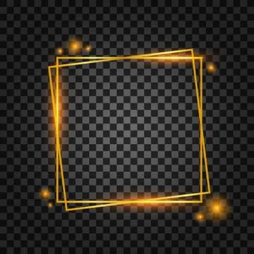 Vector golden frame with lights effects. Rectangle banner. Glowing magic fram 스톡 일러스트