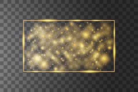 Vector golden frame with lights effects. Shining rectangle banner. Isolated on Stock Illustration