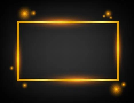 Vector golden frame with lights effects. Rectangle banner. Glowing magic fram 스톡 일러스트