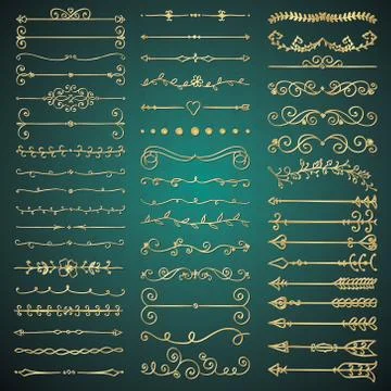 Vector Golden Glossy Hand Drawn Dividers, Arrows, Swirls Stock Illustration