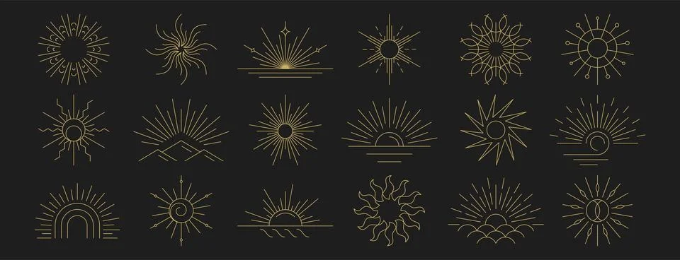 Vector golden linear boho sunrise logo, outline sunset symbols, sun rays or Stock Illustration