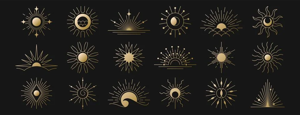 Vector golden linear boho sunrise logo, outline sunset symbols, sun rays or Illustrazione stock