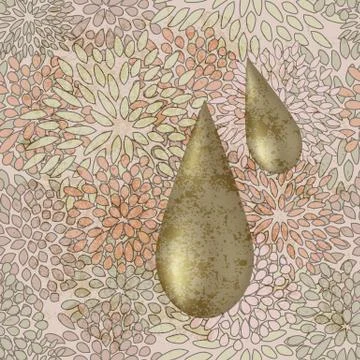 Vector golden liquid drops on  seamless floral background Stock Illustration
