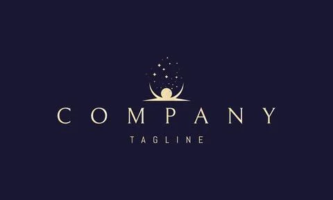 A vector golden logo with an abstract image of a fountain of stars with a moon Stock Illustration
