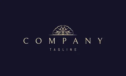 A vector golden logo with an abstract image of a brain in the form of a tree. Stock Illustration
