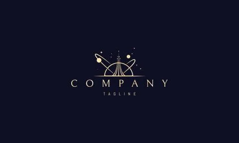 Vector golden logo on which an abstract image of a soaring rocket against the Stock Illustration