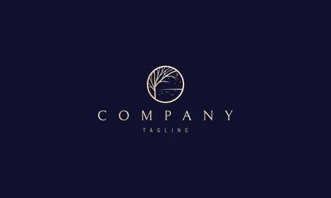Vector golden logo on which an abstract image of a tree by the lake. Stock Illustration