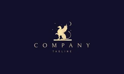 Vector golden logo on which an abstract image of a griffin sitting on a plate Stock Illustration