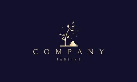 Vector golden logo on which an abstract image of a tree and piles of stones. Stock Illustration