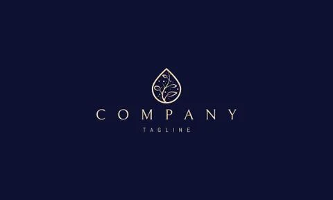 Vector golden logo on which an abstract image of a drop with a deciduous plant Stock Illustration