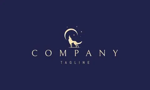 Vector golden logo on which an abstract image of a wolf howling at the moon. Illustrazione stock