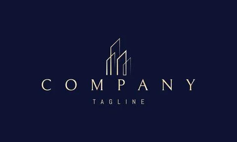 Vector golden logo on which an abstract image of modern skyscrapers in a linear Stock Illustration