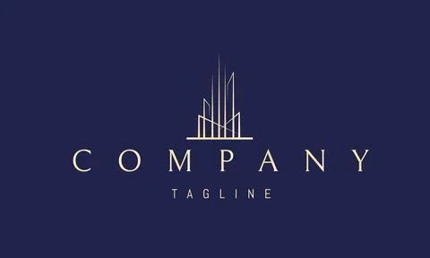 Vector golden logo on which an abstract image of skyscrapers composed of rays of Illustrazione stock