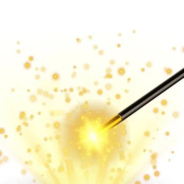 Vector golden magic wand with glow light effect on transparent background. Stock Illustration
