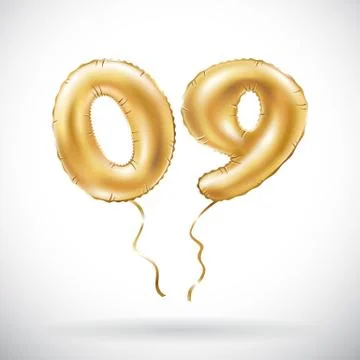 Vector Golden number 0 9 zero nine metallic balloon. Party decoration golden  Illustrazione stock