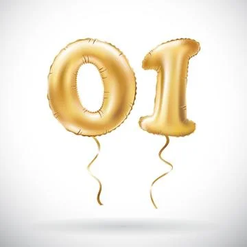 Vector Golden number 01 Zero one metallic balloon. Party decoration golden ba Stock Illustration