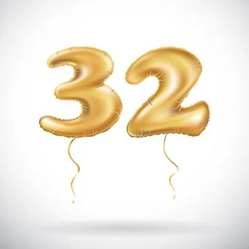 Vector Golden number 32 thirty two of inflatable balloon isolated on white ba Illustrazione stock