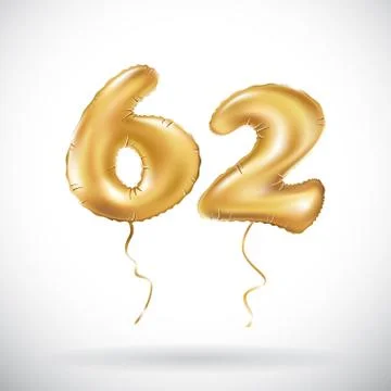 Vector Golden number 62 sixty two metallic balloon. Party decoration golden b Stock Illustration