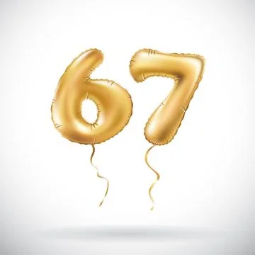 Vector Golden number 67 sixty seven metallic balloon. Party decoration golden Illustrazione stock