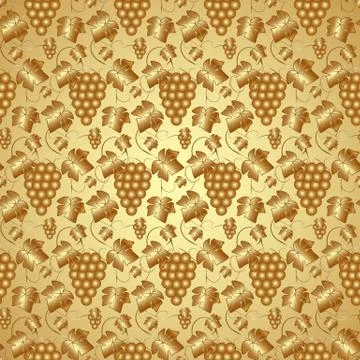 Vector Golden Seamless Pattern with Grapes and Leaves Stock Illustration