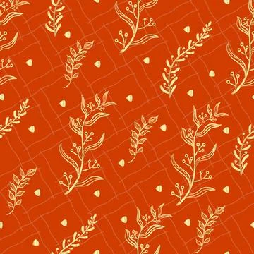 Vector. Golden seamless pattern. Orange background with golden branches. Chil Stock Illustration