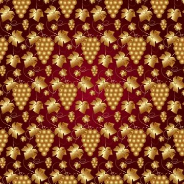Vector Golden Seamless Pattern on Red with Grapes and Leaves Stock Illustration