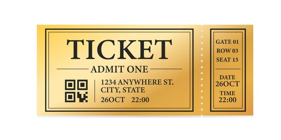 Vector golden tickets isolated on whithe backgound. Cinema, theater, concert Stock Illustration