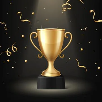 Vector Golden Trophy Cup Award on Black Background with Confetti. Winner Prize Stock Illustration
