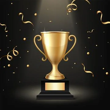 Vector Golden Trophy Cup Award on Black Background with Confetti. Winner Prize Stock Illustration