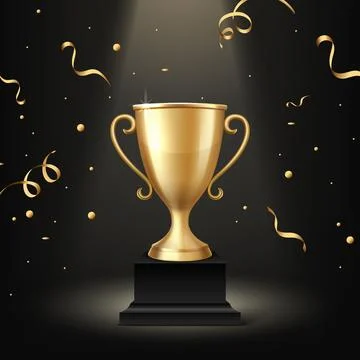 Vector Golden Trophy Cup Award on Black Background with Confetti. Winner Priz Stockillustratie