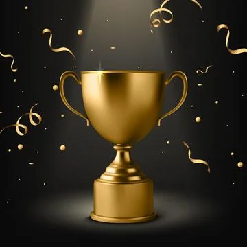 Vector Golden Trophy Cup Award on Black Background with Confetti. Winner Priz Stockillustratie