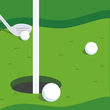 Vector of golf balls and golf club putting ball towards the hole, on green Illustrazione stock