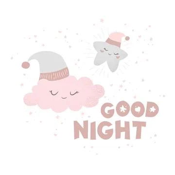 Vector Good night illustration with cute hand drawn cartoon cloud and star .. 스톡 일러스트
