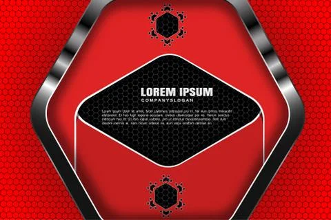 Vector gradient gray mesh background with red hexagon cuts and metal frame wi Illustrazione stock