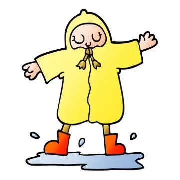Vector gradient illustration cartoon person splashing in puddle wearing rain  Ilustración de archivo