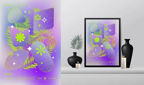 Vector gradient minimalistic rave Poster with strange wireframes graphic of.. Stock Illustration