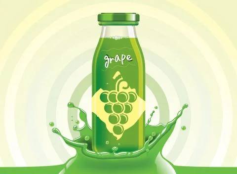 Vector grape juice, fruit glass bottle with drop splash Stock Illustration